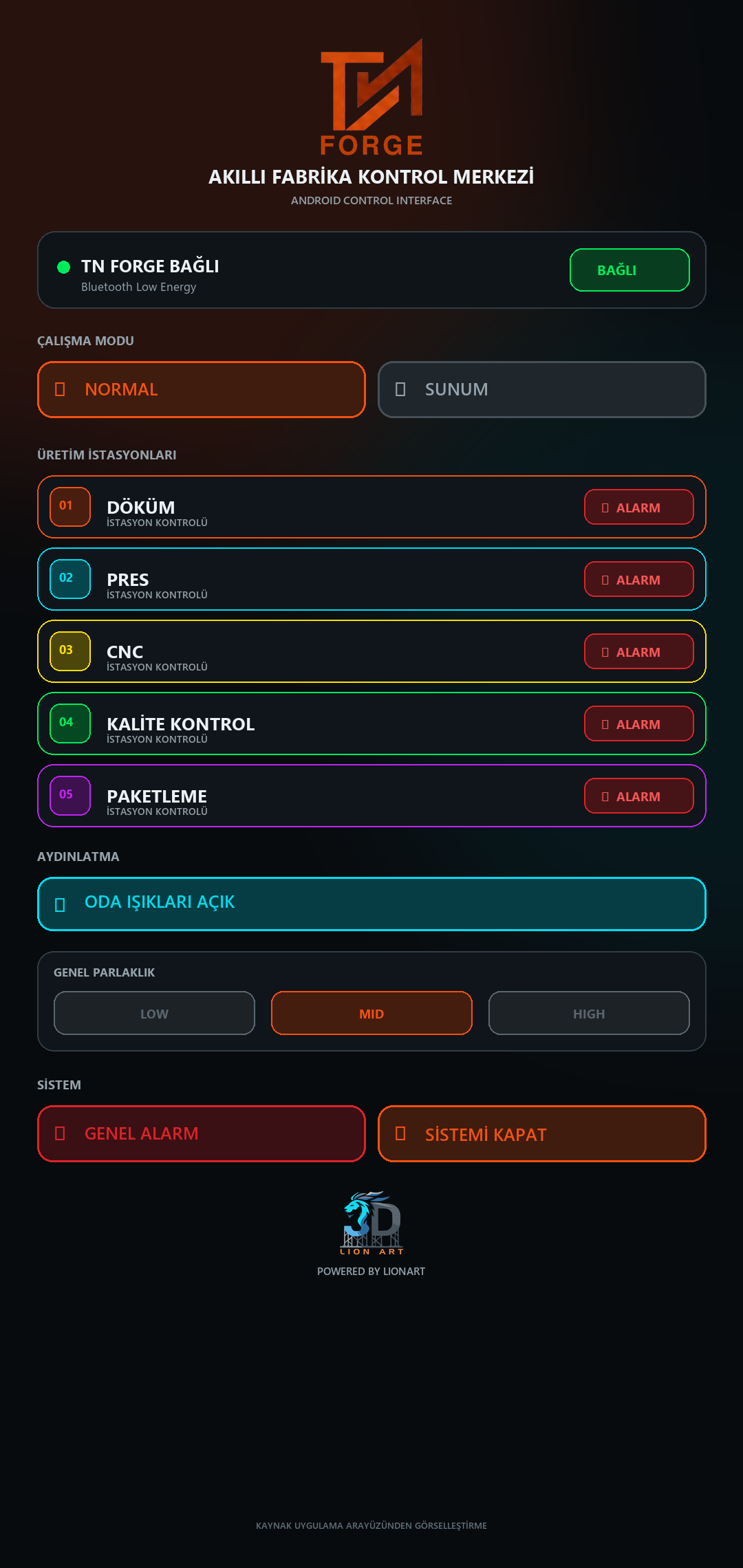 TN Forge akıllı fabrika kontrol uygulamasının istasyon, aydınlatma, alarm ve sistem kontrollerini gösteren Android arayüzü